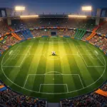 Overhead stadium view with floodlit pitch, Group C flag colours in crowd sections, football on centre spot, dramatic shadows.
