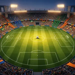 Overhead stadium view with floodlit pitch, Group C flag colours in crowd sections, football on centre spot, dramatic shadows.