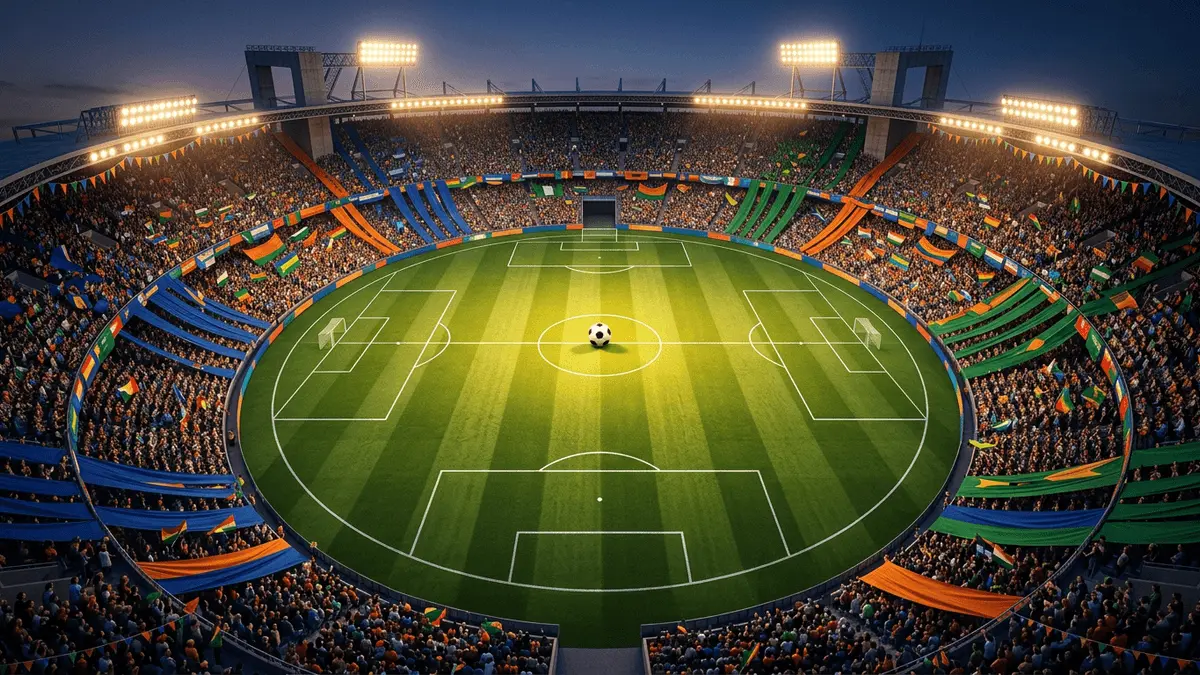 Overhead stadium view with floodlit pitch, Group C flag colours in crowd sections, football on centre spot, dramatic shadows.