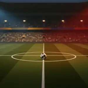 Stadium floodlit at dusk with group-stage markings and ball on centre spot; multi-coloured stand lighting.