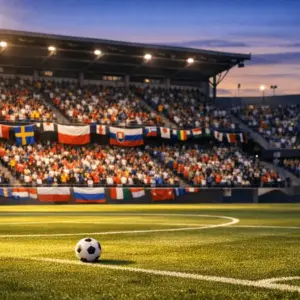 Floodlit stadium with Group E supporters' bunting and flag colours in stands, golden-hour light casting shadows across marked pitch.