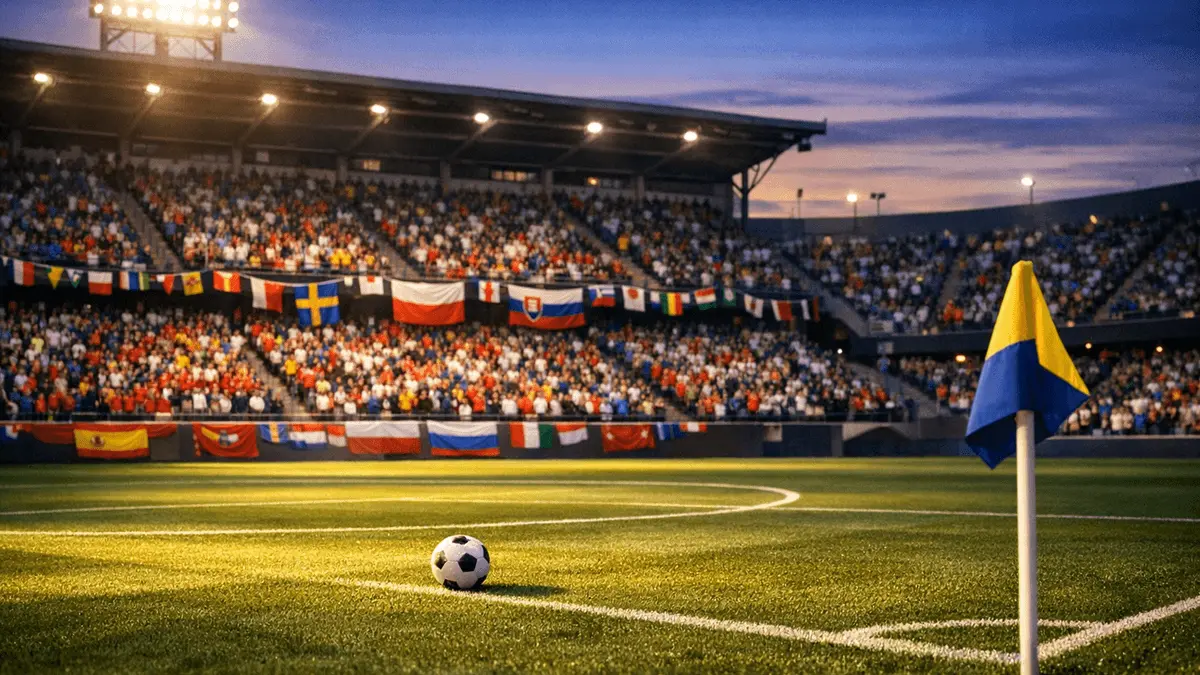 Floodlit stadium with Group E supporters' bunting and flag colours in stands, golden-hour light casting shadows across marked pitch.