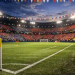 Floodlit stadium stands filled with fans in national flag colours, evening kickoff mood, pitch markings sharp and clear.