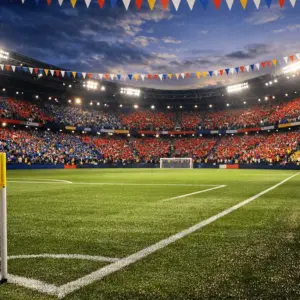 Floodlit stadium stands filled with fans in national flag colours, evening kickoff mood, pitch markings sharp and clear.