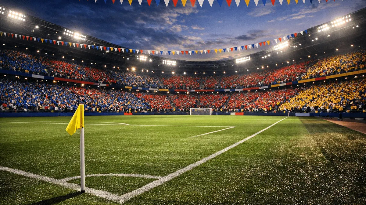 Floodlit stadium stands filled with fans in national flag colours, evening kickoff mood, pitch markings sharp and clear.