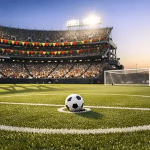 Stadium bunting in group colours, floodlit pitch with ball on centre spot, competitive group-stage atmosphere.