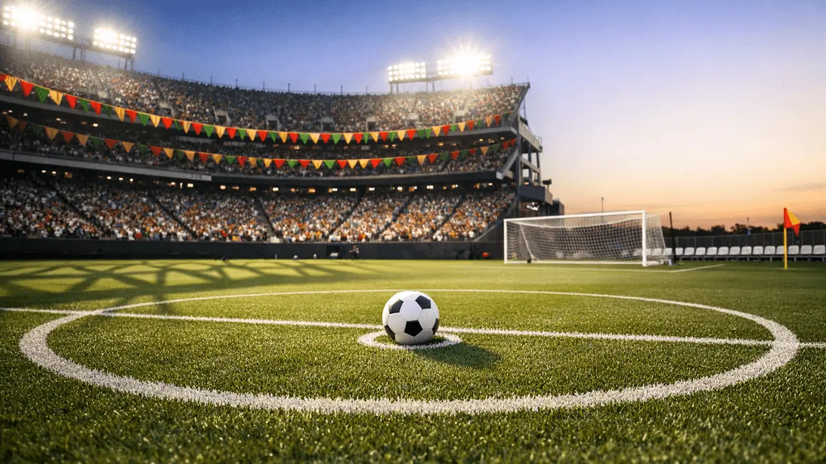 Stadium bunting in group colours, floodlit pitch with ball on centre spot, competitive group-stage atmosphere.