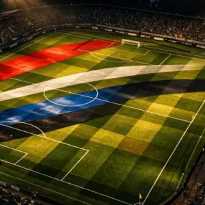 Overhead aerial view of floodlit stadium pitch with geometric colour overlays and dramatic golden lighting at dusk.