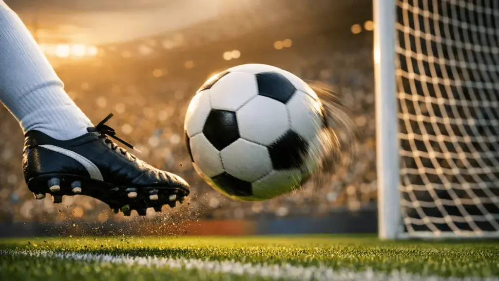 Striker's boot striking football mid-flight in floodlit stadium with packed crowd and goal net visible