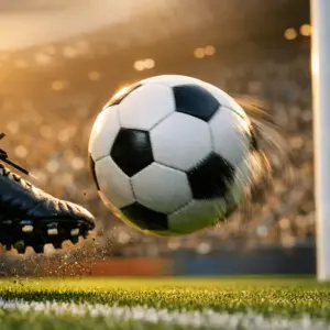 Striker's boot striking football mid-flight in floodlit stadium with packed crowd and goal net visible