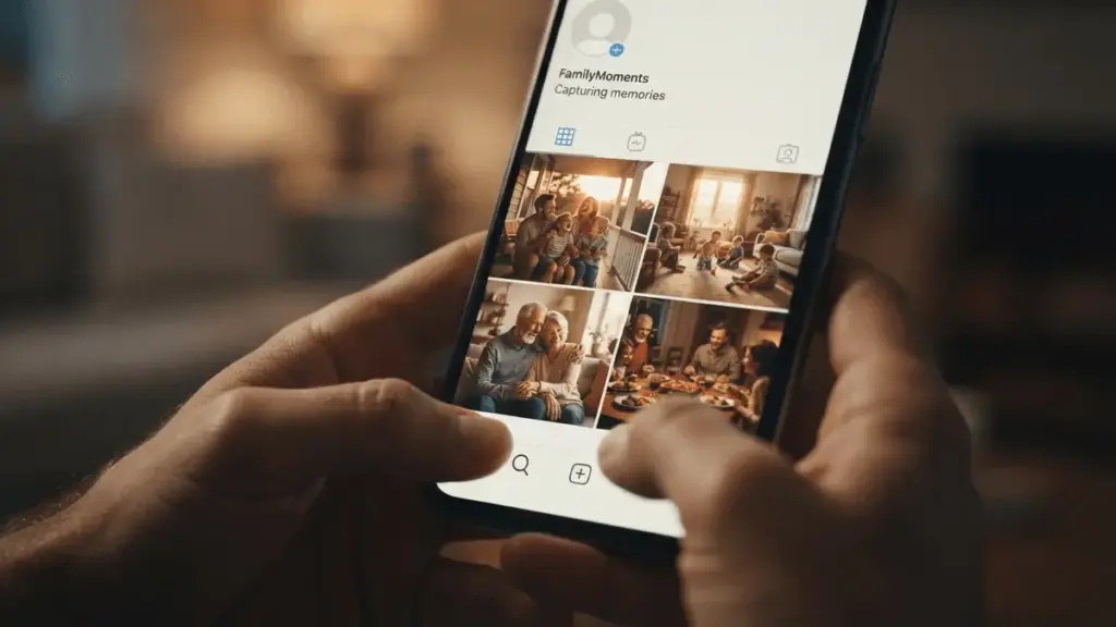 Smartphone displaying Instagram family photo grid on illuminated screen in warm lighting