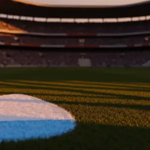 Empty floodlit stadium pitch at dusk with dramatic shadow patterns, Argentine blue-white and Egyptian red atmospheric tones.