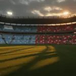 Floodlit stadium at dusk with Argentine light-blue and white flags opposite Swiss red and white flags in packed stands, dramatic shadows across empty pitch.