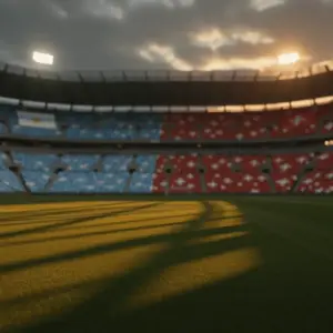 Floodlit stadium at dusk with Argentine light-blue and white flags opposite Swiss red and white flags in packed stands, dramatic shadows across empty pitch.