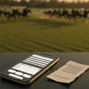 Smartphone with wireframe betting interface beside a sunlit Australian horse racing track in cinematic golden light.