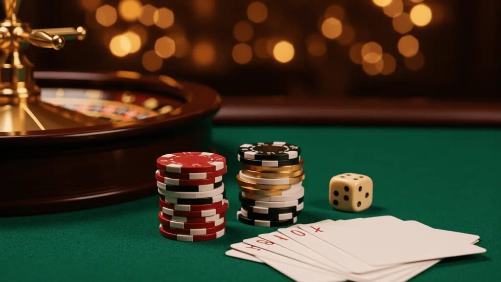 Luxury casino chips, cards, and roulette wheel on green felt table with warm lighting