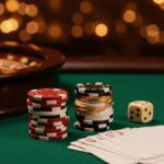 Luxury casino chips, cards, and roulette wheel on green felt table with warm lighting