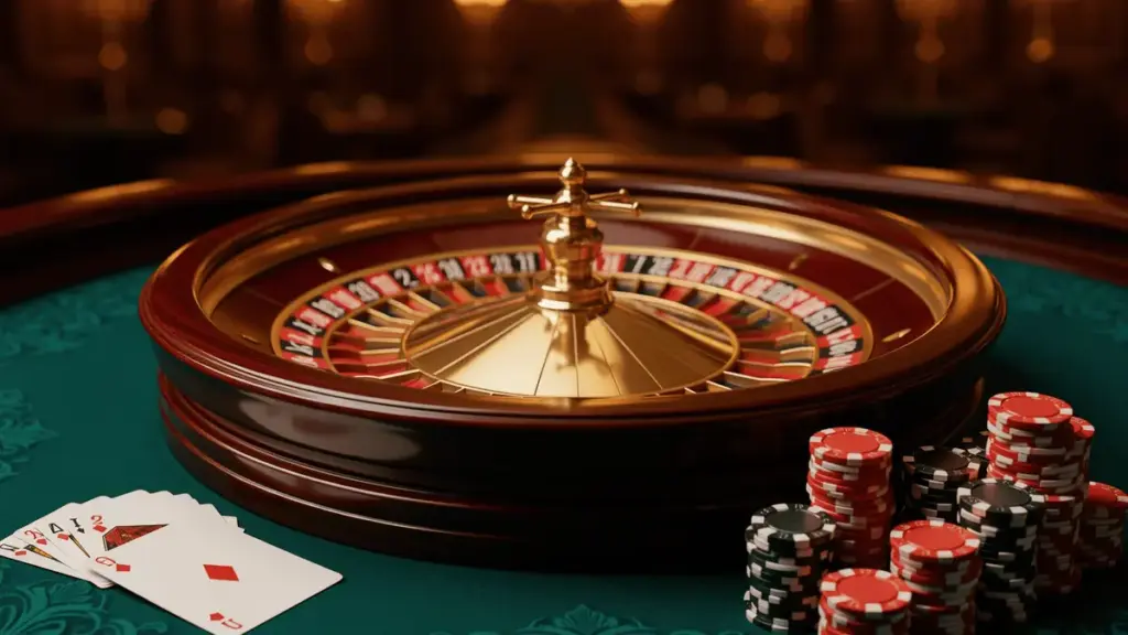 Premium roulette wheel with stacked casino chips on green felt table in warm ambient lighting
