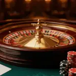 Premium roulette wheel with stacked casino chips on green felt table in warm ambient lighting