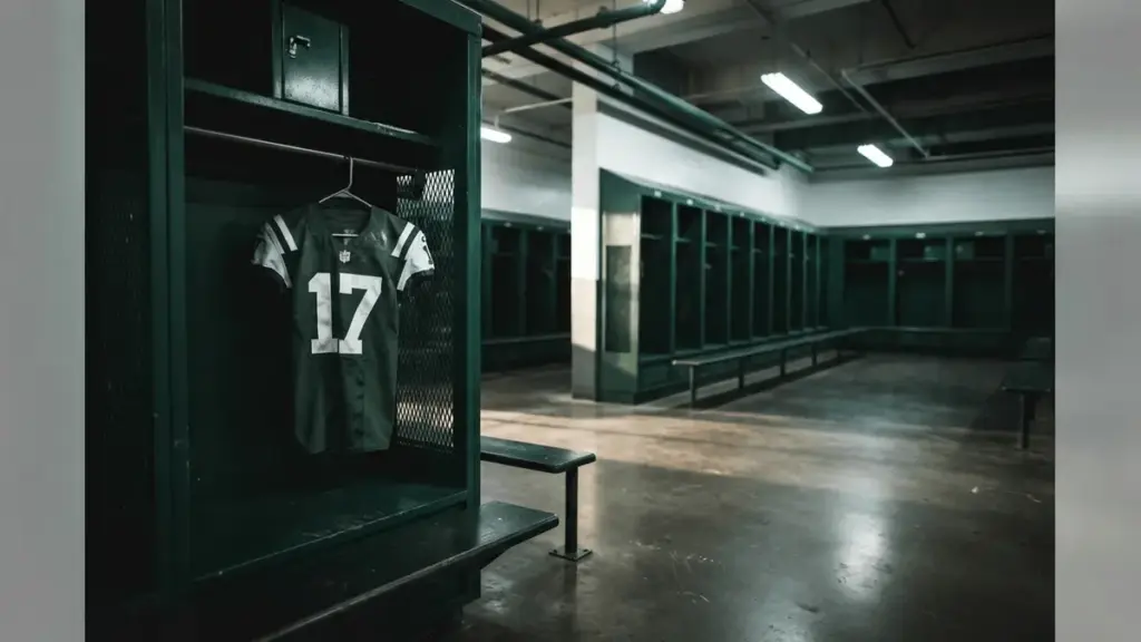 Empty Jets locker room with jersey number 17, moody lighting and institutional atmosphere