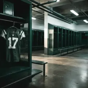 Empty Jets locker room with jersey number 17, moody lighting and institutional atmosphere