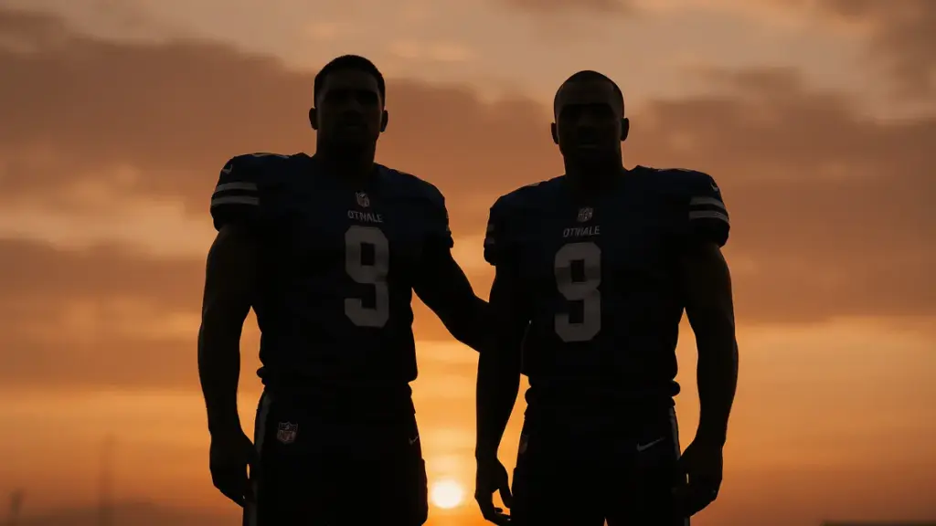 Two teammates in silhouette showing solidarity and hope against golden sunset sky