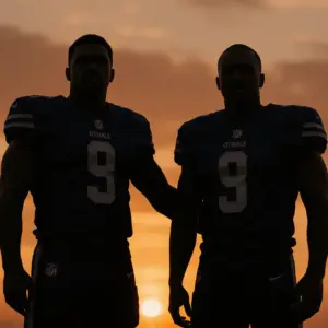 Two teammates in silhouette showing solidarity and hope against golden sunset sky