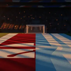 Empty floodlit stadium pitch at golden hour, split with England red-white and Argentina blue-white colours, packed stands blurred behind.