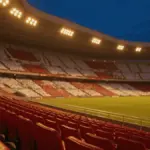 Floodlit stadium at golden hour with packed red and white stands, dramatic shadows, empty pitch, cinematic lighting.
