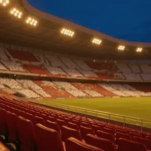 Floodlit stadium at golden hour with packed red and white stands, dramatic shadows, empty pitch, cinematic lighting.