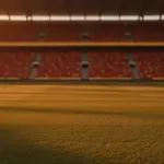 Floodlit stadium pitch at dusk with dramatic lighting and national colours, empty field cinematic shot
