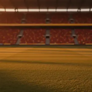 Floodlit stadium pitch at dusk with dramatic lighting and national colours, empty field cinematic shot
