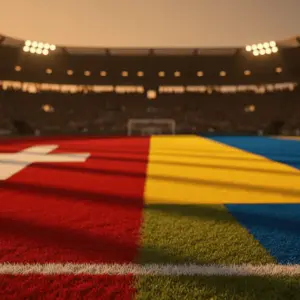 Floodlit stadium pitch at dusk, split by Swiss red-white and Colombian yellow-blue lighting, dramatic shadow patterns, no players visible.