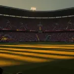 Floodlit stadium at golden-hour with packed crowds and dramatic shadows on the pitch before kick-off.