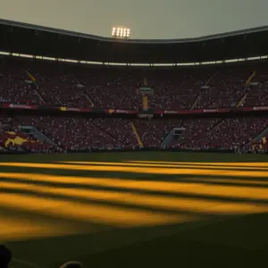 Floodlit stadium at golden-hour with packed crowds and dramatic shadows on the pitch before kick-off.