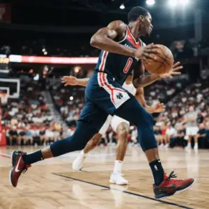 Washington Wizards player driving to basket during Summer League game in dynamic action shot