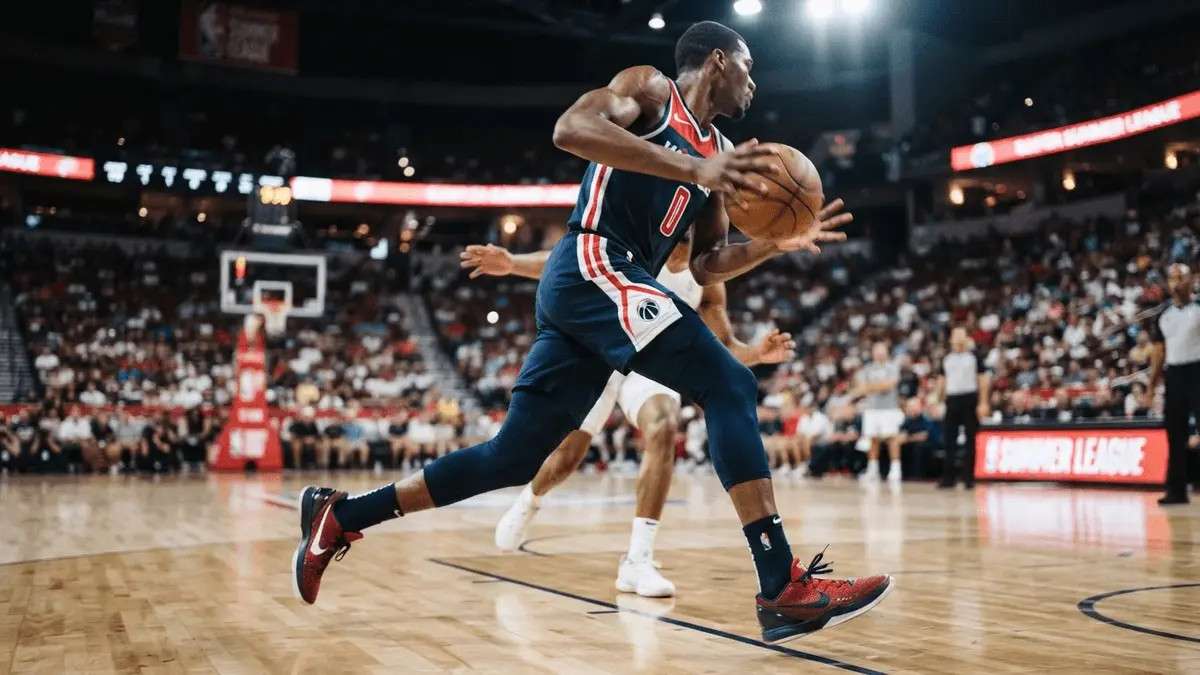 Washington Wizards player driving to basket during Summer League game in dynamic action shot