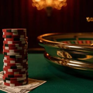 Stacked casino chips beside a roulette wheel on green felt with a ten-dollar bill, US online casino concept