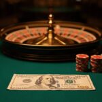 A $20 bill beside stacked casino chips and a roulette wheel on green felt — best $20 deposit casinos