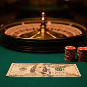 A $20 bill beside stacked casino chips and a roulette wheel on green felt — best $20 deposit casinos