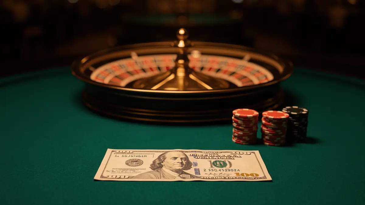 A $20 bill beside stacked casino chips and a roulette wheel on green felt — best $20 deposit casinos