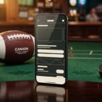 Best betting apps in Canada 2026 — smartphone with stacked chips, football, and hockey puck on green felt