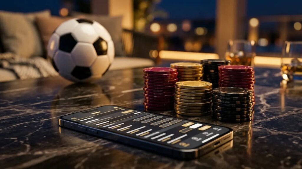 Stacked gold and red casino chips beside a football on a dark marble surface with a wireframe betting app interface on a smartphone.
