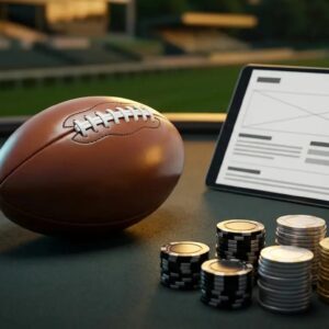 Rugby ball and gold betting chips on green felt with horse racing bokeh — best NZ betting sites 2026