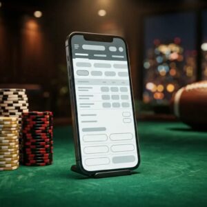 Stacked casino chips and a smartphone wireframe sportsbook interface on green felt — best betting sites Singapore 2026