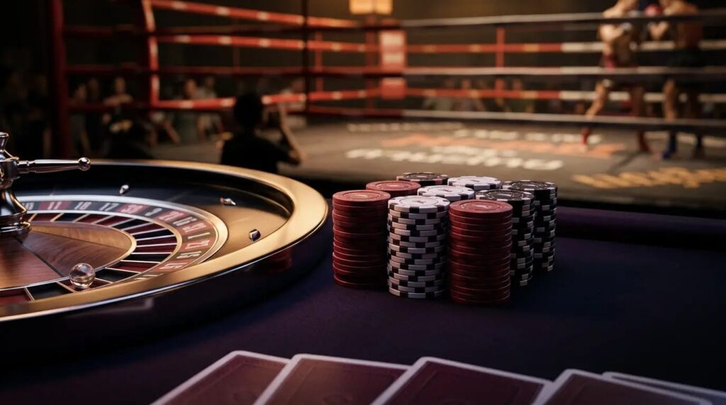 Stacked red and black casino chips on a dark felt surface with a roulette wheel and Muay Thai ring in the background.