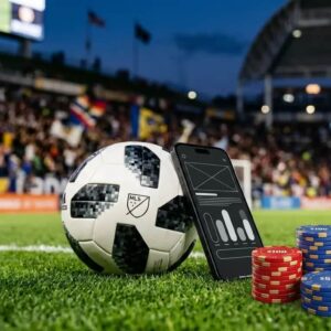 Soccer ball and betting chips on MLS stadium turf with a phone showing sportsbook interface