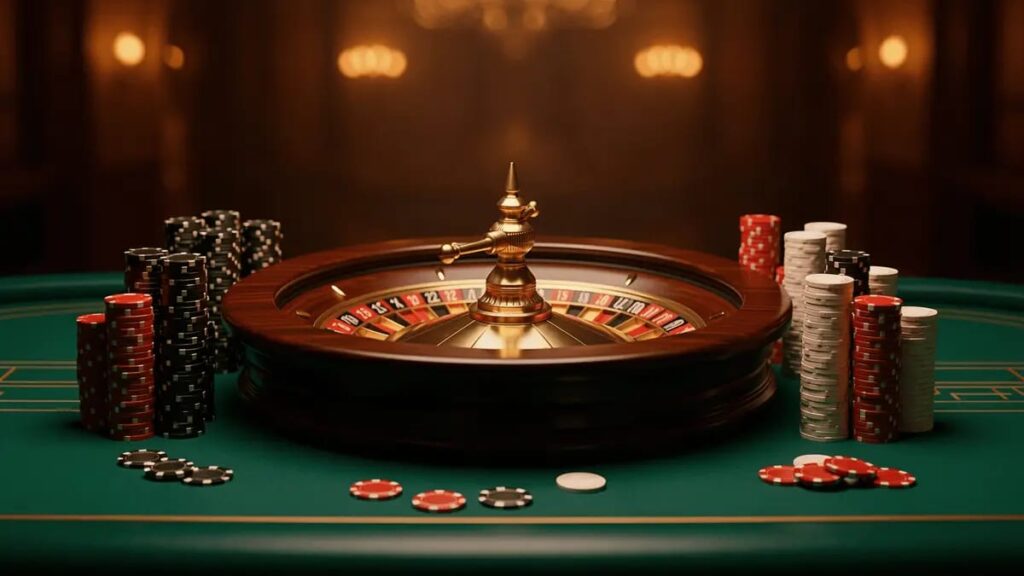Roulette wheel and stacked casino chips on a green felt table — no deposit bonus codes USA
