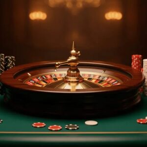Roulette wheel and stacked casino chips on a green felt table — no deposit bonus codes USA