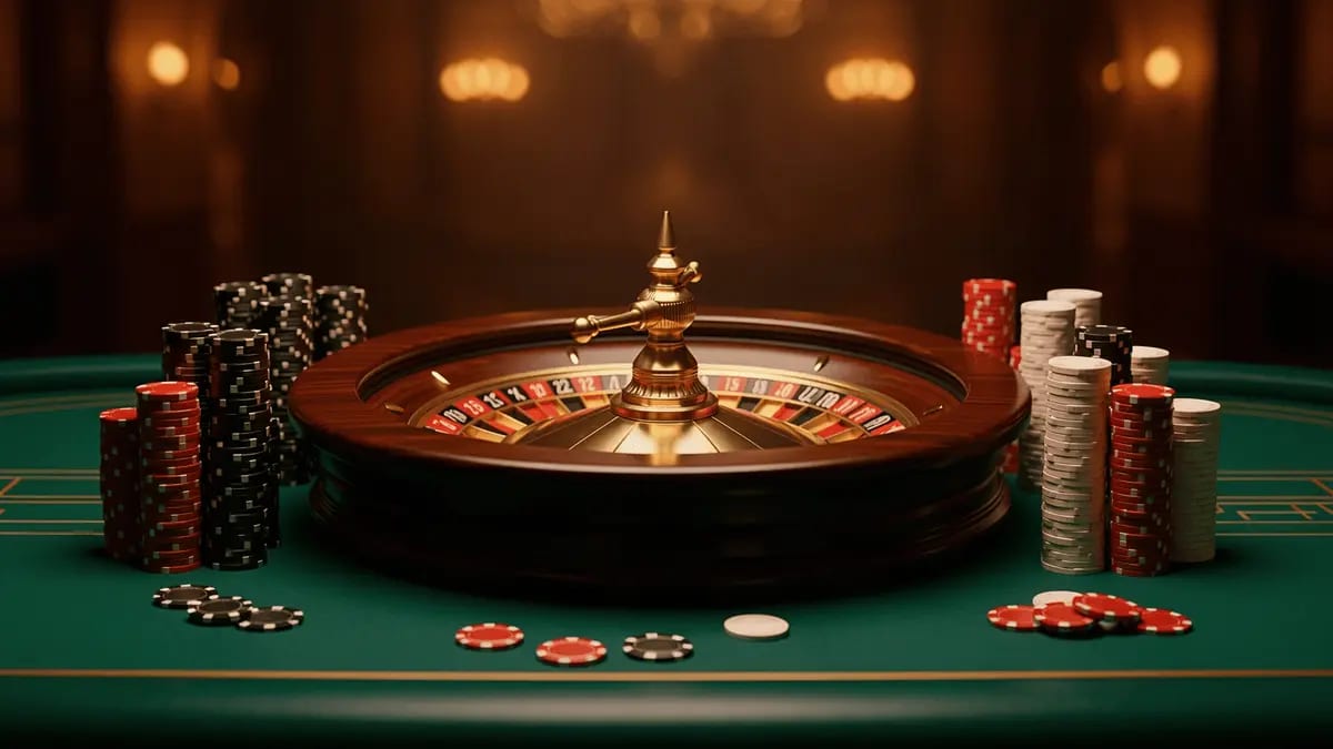 Roulette wheel and stacked casino chips on a green felt table — no deposit bonus codes USA